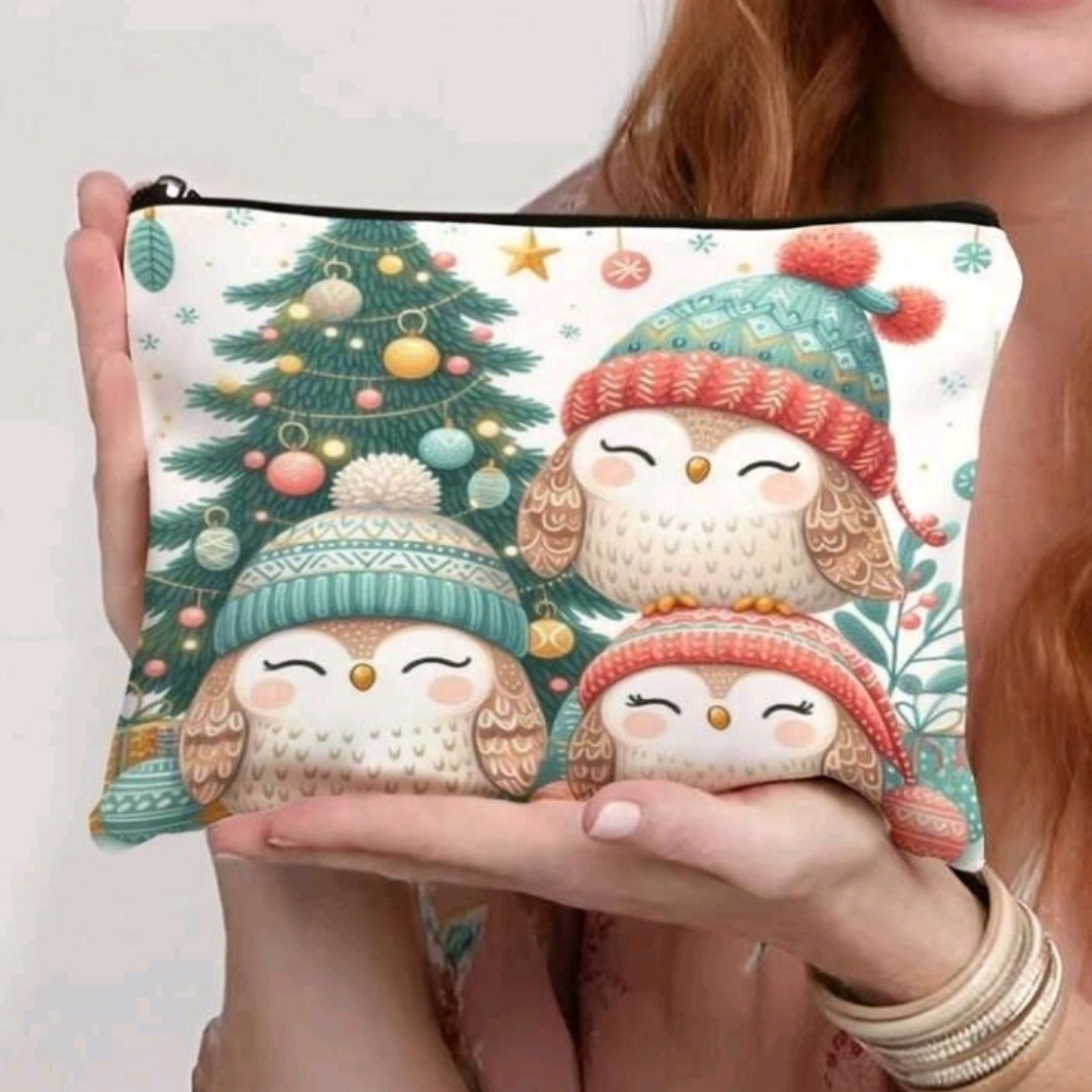 Christmas Birds Winter Tree Print Canvas Zip Purse Bag